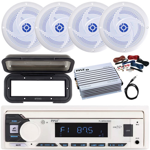 Pyle PLMRB29W2 Single DIN Marine Bluetooth USB/AUX MP3 Player AM/FM Radio In-Dash Stereo White Receiver w/Black Cover, 4x 6'' 240W Max Low Profile Blue LED Speakers, 4 Channel Amplifier w/Kit, Antenna