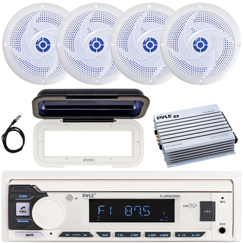 Pyle PLMRB29W2 Single DIN Marine Bluetooth USB/AUX MP3 Player AM/FM Radio In-Dash Stereo White Receiver w/White Cover, 4x 6'' 240W Max Low Profile 2-Way Blue LED Speakers, 4 Channel Amplifier, Antenna