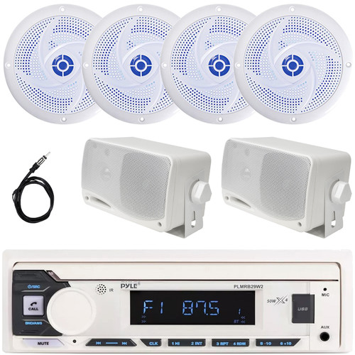 Pyle PLMRB29W2 Single DIN Marine Bluetooth USB/AUX MP3 Player AM/FM Radio In-Dash Stereo White Receiver, 4x 6'' 240W Max 2-Way Blue LED Speakers, 2x 3.5'' 200W Max 3-Way Mini Box Speakers, Antenna