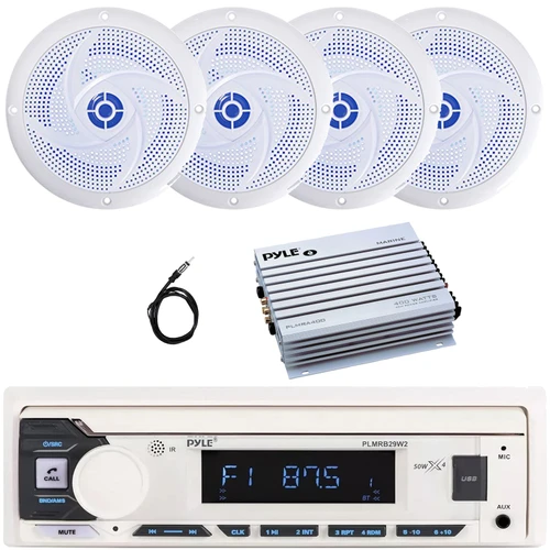 Pyle PLMRB29W2 Single DIN Marine Bluetooth USB/AUX MP3 Player AM/FM Radio In-Dash Stereo White Receiver, 4x 6'' 240W Max Power Low Profile 2-Way Blue LED White Speakers, 4 Channel Amplifier, Antenna