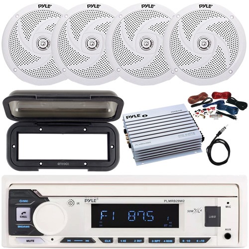 Pyle PLMRB29W2 Single DIN Marine Bluetooth USB/AUX MP3 Player AM/FM Radio In-Dash Stereo White Receiver w/Black Cover, 4x 6'' 240W Max Low Profile 2-Way Speakers, 4 Channel Amplifier w/Kit, Antenna