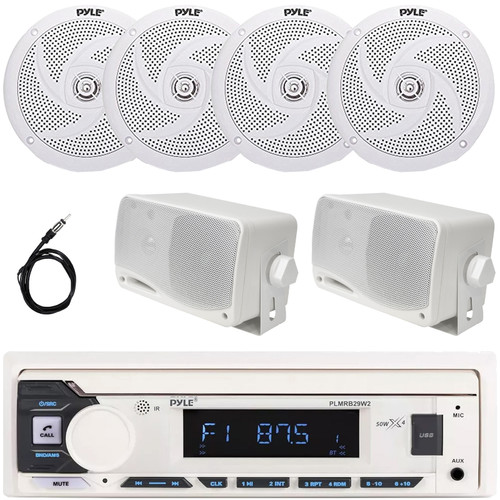 Pyle PLMRB29W2 Single DIN Marine Bluetooth USB/AUX MP3 Player AM/FM Radio In-Dash Stereo White Receiver, 2x 6'' 240W Max Low Profile 2-Way Speakers, 2x 3.5'' 200W Max 3-Way Mini Box Speakers, Antenna