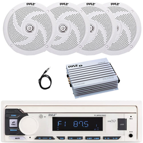 Pyle PLMRB29W2 Single DIN Marine Bluetooth USB/AUX MP3 Player AM/FM Radio In-Dash Stereo White Receiver, 4x 6'' 240 Watt Max Power Low Profile 2-Way White Boat Speakers, 4 Channel Amplifier, Antenna