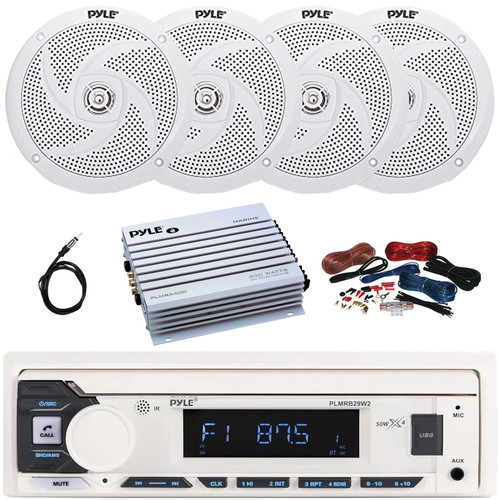 Pyle PLMRB29W2 Single DIN Marine Bluetooth USB/AUX MP3 Player AM/FM Radio In-Dash Stereo White Receiver, 4x 6'' 240W Max Power Low Profile 2-Way White Boat Speakers, 4 Channel Amplifier w/Kit, Antenna