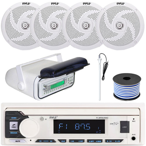 Pyle PLMRB29W2 Single DIN Marine Bluetooth USB/AUX MP3 Player AM/FM Radio In-Dash Stereo White Receiver w/White Cover, 4x 6'' 240 Watt Max Power Low Profile 2-Way Speakers, Radio Antenna, Speaker Wire