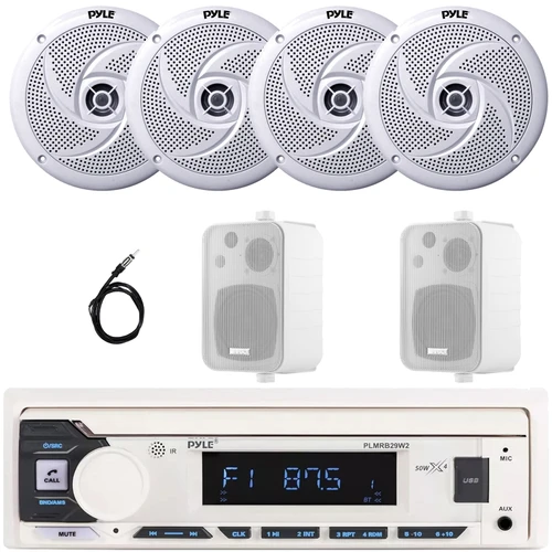 Pyle PLMRB29W2 Single DIN Marine Bluetooth USB/AUX MP3 Player AM/FM Radio In-Dash Stereo White Receiver, 4x 8'' 320W Max Low Profile Speakers, 2x 4" 30W Max 3-Way Indoor/Outdoor Speakers, Antenna