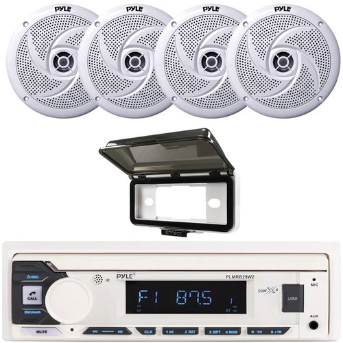 Pyle PLMRB29W2 Single DIN Marine Bluetooth USB/AUX MP3 Player AM/FM Radio In-Dash Stereo White Receiver w/White Cover, 4x Pyle PLMRS8W 8'' 320 Watt Max Power Low Profile 2-Way White Boat Speakers