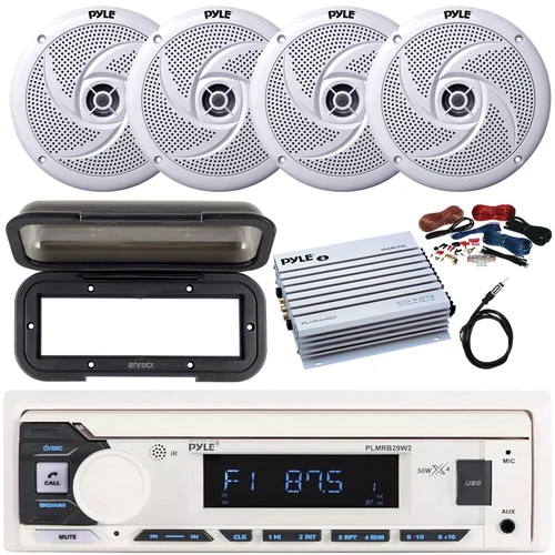 Pyle PLMRB29W2 Single DIN Marine Bluetooth USB/AUX MP3 Player AM/FM Radio In-Dash Stereo White Receiver w/Black Cover, 4x 8'' 320W Max Low Profile 2-Way Speakers, 4 Channel Amplifier w/Kit, Antenna