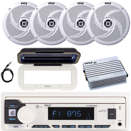 Pyle PLMRB29W2 Single DIN Marine Bluetooth USB/AUX MP3 Player AM/FM Radio In-Dash Stereo White Receiver w/White Cover, 4x 8'' 320W Max Power Low Profile 2-Way Speakers, 4 Channel Amplifier, Antenna