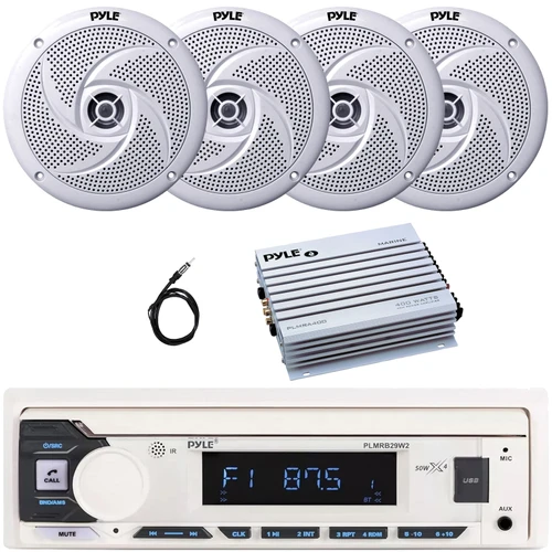 Pyle PLMRB29W2 Single DIN Marine Bluetooth USB/AUX MP3 Player AM/FM Radio In-Dash Stereo White Receiver, 4x 8'' 320 Watt Max Power Low Profile 2-Way White Boat Speakers, 4 Channel Amplifier, Antenna