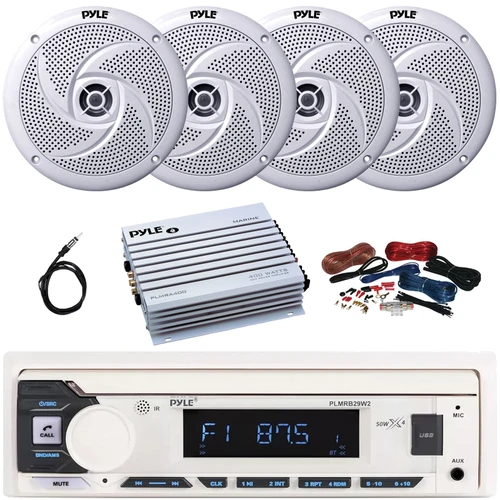 Pyle PLMRB29W2 Single DIN Marine Bluetooth USB/AUX MP3 Player AM/FM Radio In-Dash Stereo White Receiver, 4x 8'' 320W Max Power Low Profile 2-Way White Boat Speakers, 4 Channel Amplifier w/Kit, Antenna