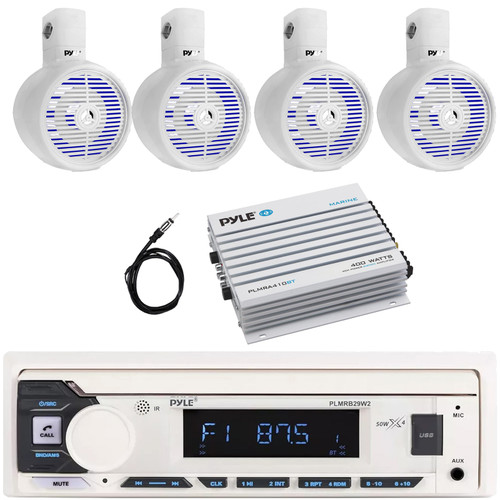 Pyle PLMRB29W2 Single DIN Marine Bluetooth USB/AUX MP3 Player AM/FM Radio In-Dash Stereo White Receiver, 4x 6.5" 200W Max Power Built-in LED Wakeboard Speakers, 4 Channel Bluetooth Amplifier, Antenna