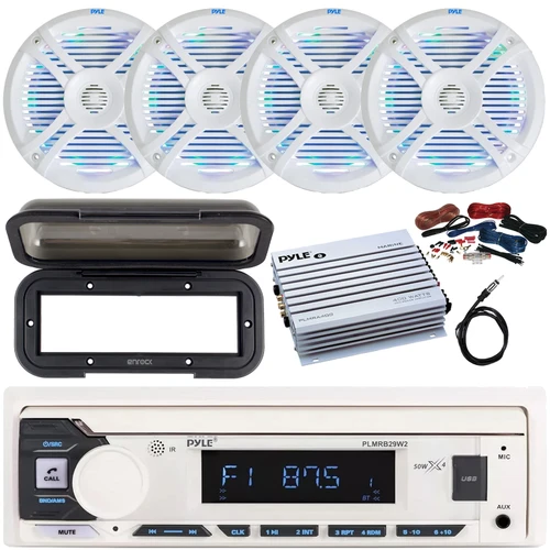 Pyle PLMRB29W2 Single DIN Marine Bluetooth USB/AUX MP3 Player AM/FM Radio In-Dash Stereo White Receiver w/Black Cover, 4x 6.5" 250W Max Dual Cone RGB LED Speakers, 4 Channel Amplifier w/Kit, Antenna