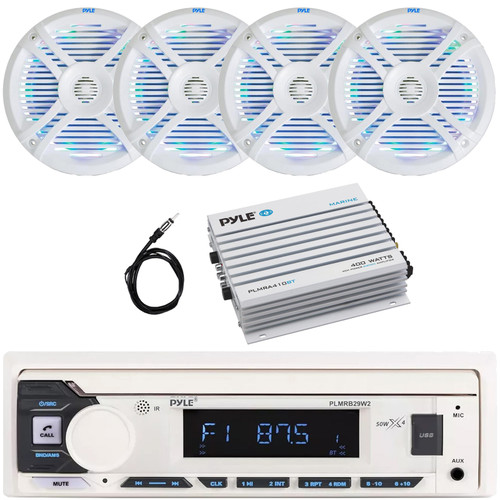 Pyle PLMRB29W2 Single DIN Marine Bluetooth USB/AUX MP3 Player AM/FM Radio In-Dash Stereo White Receiver, 4x 6.5" 250 Watt Max Power Dual Cone RGB LED Speakers, 4 Channel Bluetooth Amplifier, Antenna