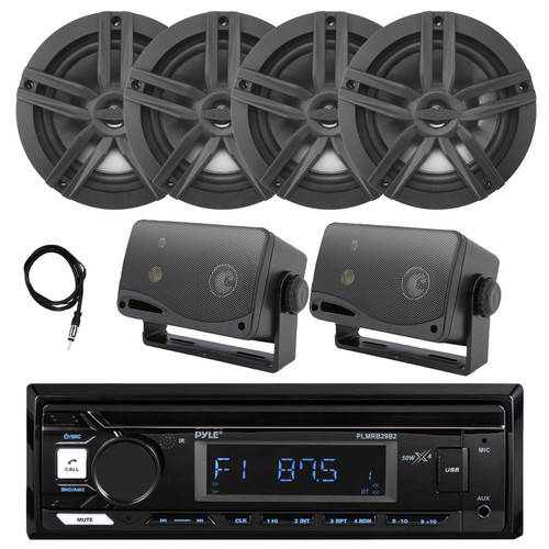 Pyle PLMRB29B2 Single DIN Marine USB Bluetooth AM/FM MP3 Stereo Receiver, 4x 6.5" 180 Watt Max 2-Way Black Speakers, 2x 4" 30W Max 3-Way Indoor/Outdoor Speakers, Antenna