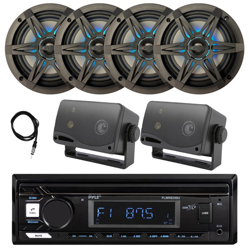 Pyle PLMRB29B2 Single DIN Marine USB Bluetooth AM/FM MP3 Stereo Receiver, 4x 6.5" 120W Max RGB LED Speakers w/Grilles, 2x 3.5'' 200W Max 3-Way Mini Box Speakers, Antenna