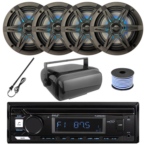 Pyle PLMRB29B2 Single DIN Marine USB Bluetooth AM/FM MP3 Stereo Receiver w/Cover, 4x 6.5" 120W Max RGB LED Speakers w/Black Grilles, Radio Antenna, Speaker Wire