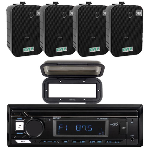 Pyle PLMRB29B2 Single DIN Marine USB Bluetooth AM/FM MP3 Stereo Receiver w/Radio Shield Cover, 4x 5.25" 400 Watt Max Power Indoor/Outdoor Black Waterproof Speakers