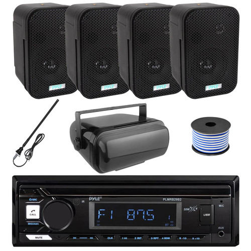 Pyle PLMRB29B2 Single DIN Marine USB Bluetooth AM/FM MP3 Stereo Receiver w/Cover, 4x 5.25" 400W Max Indoor/Outdoor Waterproof Speakers, Radio Antenna, Speaker Wire