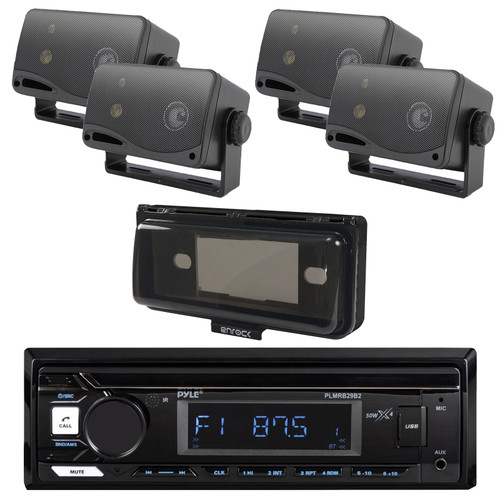 Pyle PLMRB29B2 Single DIN Marine USB Bluetooth AM/FM MP3 Stereo Receiver w/Cover, 4x 3.5'' 200 Watt Max Power 3-Way Weather Proof Black Mini Box Speakers