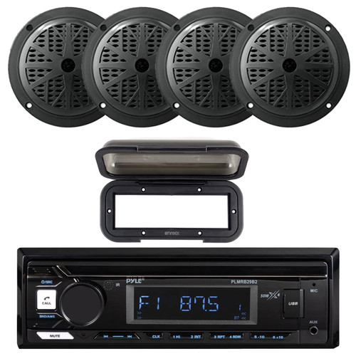Pyle PLMRB29B2 Single DIN Marine USB Bluetooth AM/FM MP3 Stereo Receiver w/Radio Shield Cover, 4x 5.25'' 100 Watt Max Power 2 Way Black Boat Speakers