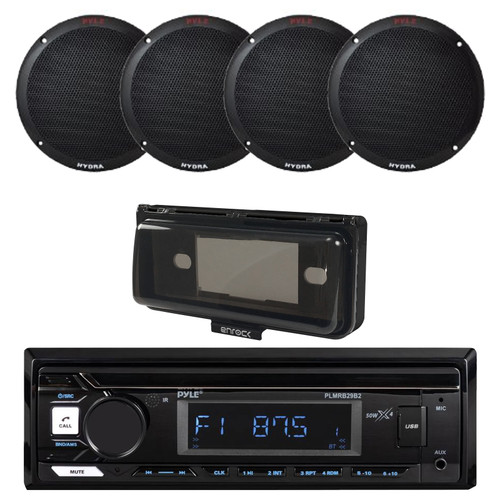 Pyle PLMRB29B2 Single DIN Marine USB Bluetooth AM/FM MP3 Stereo Receiver w/Cover, 4x 6.5'' 400 Watt Max Power Dual Cone Black Boat Speakers