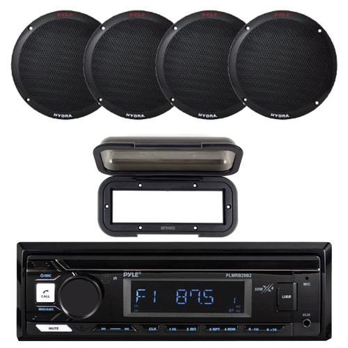 Pyle PLMRB29B2 Single DIN Marine USB Bluetooth AM/FM MP3 Stereo Receiver w/Radio Shield Cover, 4x 6.5'' 400 Watt Max Power Dual Cone Black Boat Speakers