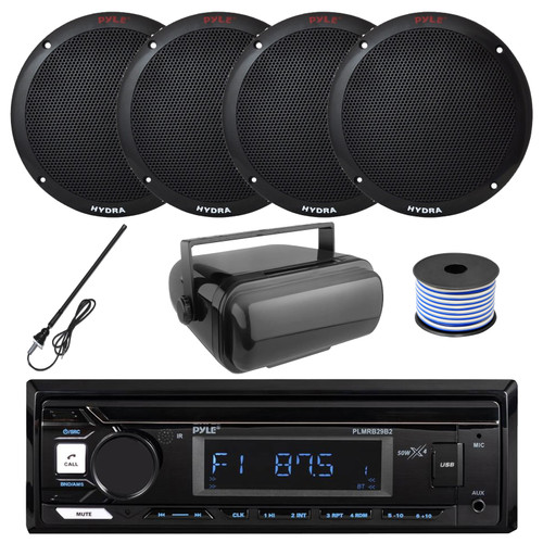 Pyle PLMRB29B2 Single DIN Marine USB Bluetooth AM/FM MP3 Stereo Receiver w/Cover, 4x 6.5'' 400 Watt Max Dual Cone Black Boat Speakers, Radio Antenna, Speaker Wire