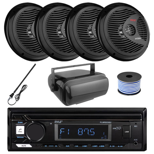 Pyle PLMRB29B2 Single DIN Marine USB Bluetooth AM/FM MP3 Stereo Receiver w/Cover, 4x 6.5" 150W Max Full Range Dual Cone Boat Speakers, Radio Antenna, Speaker Wire