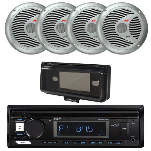 Pyle PLMRB29B2 Single DIN Marine USB Bluetooth AM/FM MP3 Stereo Receiver w/Cover, 4x 6.5'' 150 Watt Max Power 2-Way Silver Boat Speakers