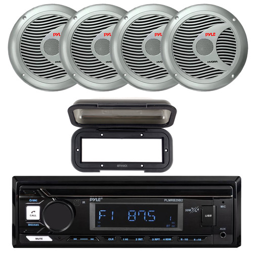 Pyle PLMRB29B2 Single DIN Marine USB Bluetooth AM/FM MP3 Stereo Receiver w/Radio Shield Cover, 4x 6.5'' 150 Watt Max Power 2-Way Silver Boat Speakers