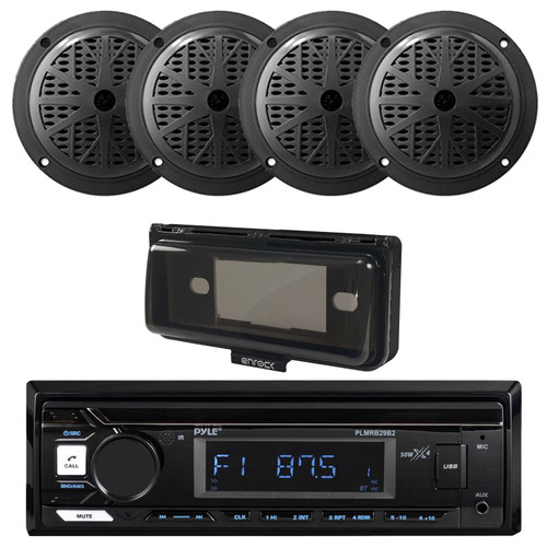 Pyle PLMRB29B2 Single DIN Marine USB Bluetooth AM/FM MP3 Stereo Receiver w/Cover, 4x 6.5'' 120 Watt Max Power Dual Cone Boat Audio Black Speakers