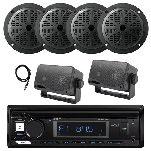 Pyle PLMRB29B2 Single DIN Marine USB Bluetooth AM/FM MP3 Stereo Receiver, 4x 6.5'' 120W Max Dual Cone Black Speakers, 2x 3.5'' 200W Max 3-Way Mini Box Speakers, Antenna