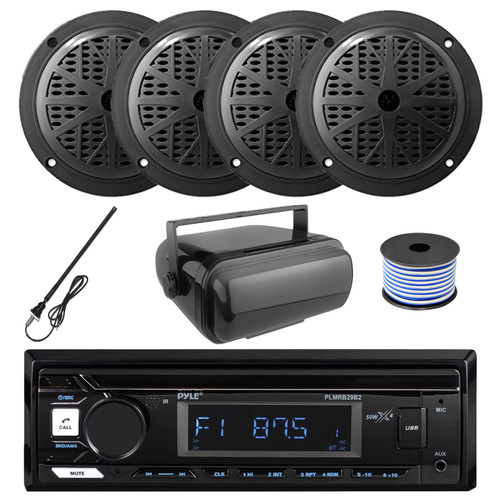 Pyle PLMRB29B2 Single DIN Marine USB Bluetooth AM/FM MP3 Stereo Receiver w/Cover, 4x 6.5'' 120 Watt Max Dual Cone Boat Black Speakers, Radio Antenna, Speaker Wire