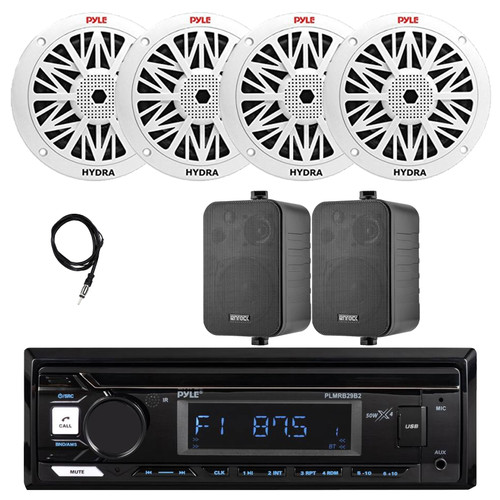 Pyle PLMRB29B2 Single DIN Marine USB Bluetooth AM/FM MP3 Stereo Receiver, 4x 6.5'' 200W Max Full Range Speakers, 2x 4" 30W Max 3-Way Indoor/Outdoor Speakers, Antenna