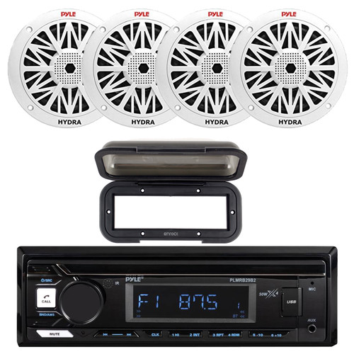 Pyle PLMRB29B2 Single DIN Marine USB Bluetooth AM/FM MP3 Stereo Receiver w/Radio Shield Cover, 4x Dual 6.5'' 200W Max Water Resistant 2-Way Full Range Speakers