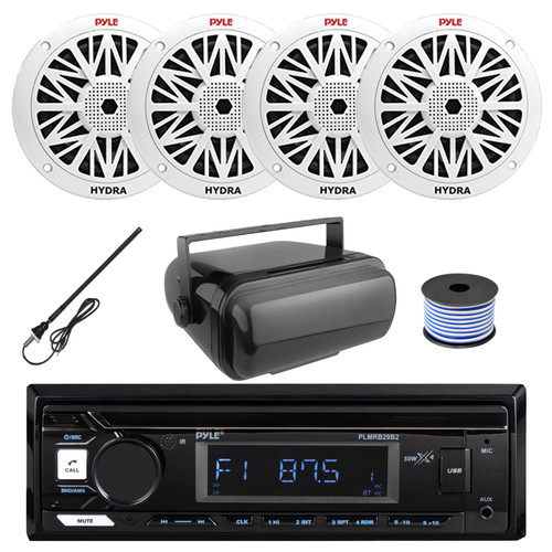 Pyle PLMRB29B2 Single DIN Marine USB Bluetooth AM/FM MP3 Stereo Receiver w/Cover, 4x Dual 6.5'' 200W Max 2-Way Full Range Speakers, Radio Antenna, Speaker Wire