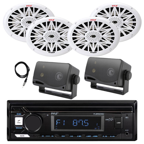 Pyle PLMRB29B2 Single DIN Marine USB Bluetooth AM/FM MP3 Stereo Receiver, 4x 6x9" 260W Max 2-Way Full Range Speakers, 2x 3.5'' 200W Max 3-Way Mini Box Speakers, Antenna