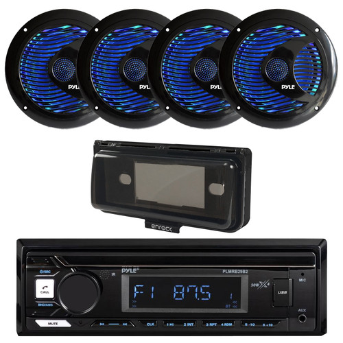 Pyle PLMRB29B2 Single DIN Marine USB Bluetooth AM/FM MP3 Stereo Receiver w/Cover, 4x 6.5'' 150 Watt Max Power RGB LED Dual Cone Black Boat Speakers