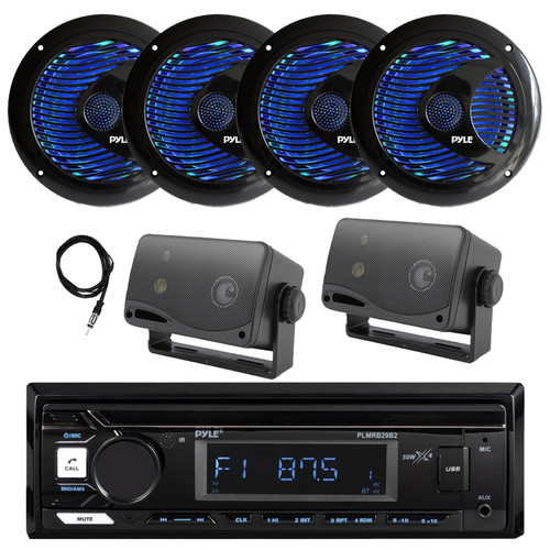 Pyle PLMRB29B2 Single DIN Marine USB Bluetooth AM/FM MP3 Stereo Receiver, 4x 6.5'' 150W Max RGB LED Black Speakers, 2x 3.5'' 200W Max 3-Way Mini Box Speakers, Antenna