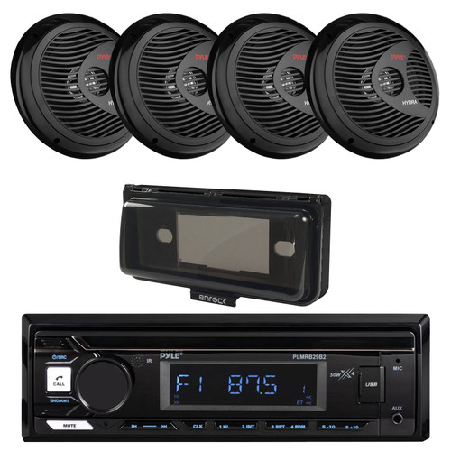 Pyle PLMRB29B2 Single DIN Marine USB Bluetooth AM/FM MP3 Stereo Receiver w/Cover, 4x 8'' 180 Watt Max Power Waterproof Full Range Black Boat Stereo Speakers