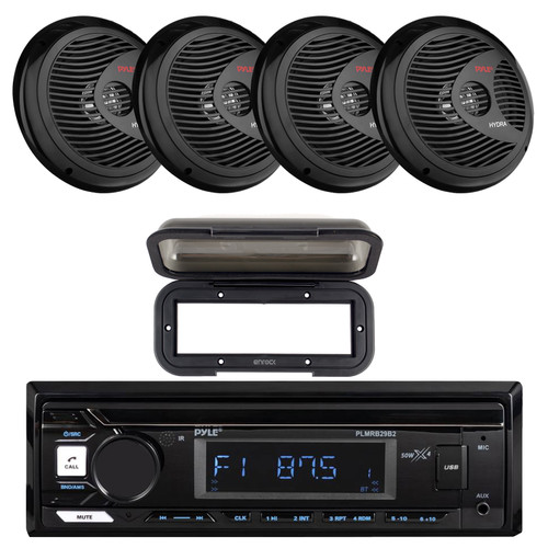 Pyle PLMRB29B2 Single DIN Marine USB Bluetooth AM/FM MP3 Stereo Receiver w/Radio Shield Cover, 4x 8'' 180W Max Waterproof Full Range Black Boat Stereo Speakers