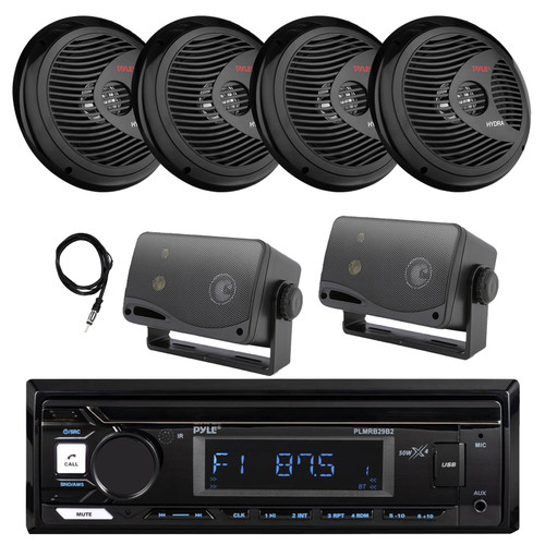 Pyle PLMRB29B2 Single DIN Marine USB Bluetooth AM/FM MP3 Stereo Receiver, 4x 8'' 180W Max Full Range Boat Speakers, 2x 3.5'' 200W Max 3-Way Mini Box Speakers, Antenna