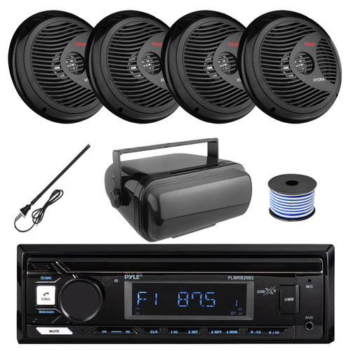 Pyle PLMRB29B2 Single DIN Marine USB Bluetooth AM/FM MP3 Stereo Receiver w/Cover, 4x 8'' 180W Max Power Full Range Black Boat Speakers, Radio Antenna, Speaker Wire