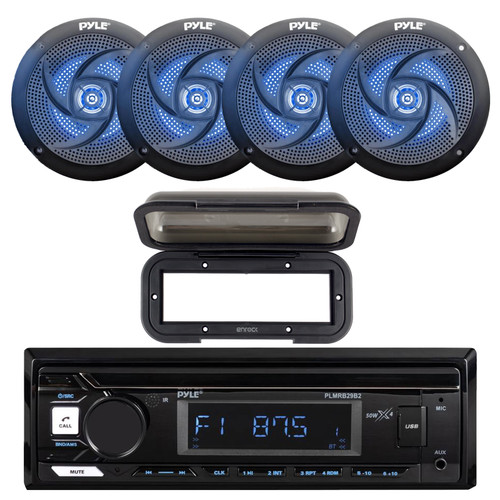 Pyle PLMRB29B2 Single DIN Marine USB Bluetooth AM/FM MP3 Stereo Receiver w/Radio Shield Cover, 4x 4" 100W Max Power Low Profile 2-Way Blue LED Boat Black Speakers