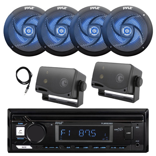 Pyle PLMRB29B2 Single DIN Marine USB Bluetooth AM/FM MP3 Stereo Receiver, 4x 4" 100W Max 2-Way Blue LED Boat Speakers, 2x 3.5'' 200W Max 3-Way Mini Box Speakers, Antenna