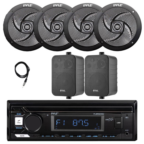 Pyle PLMRB29B2 Single DIN Marine USB Bluetooth AM/FM MP3 Stereo Receiver, 4x 6'' 240W Max Low Profile Speakers, 2x 4" 30W Max 3-Way Indoor/Outdoor Speakers, Antenna