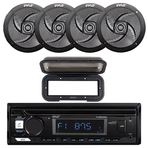 Pyle PLMRB29B2 Single DIN Marine USB Bluetooth AM/FM MP3 Stereo Receiver w/Radio Shield Cover, 4x 6'' 240 Watt Max Power Low Profile 2-Way Black Boat Speakers