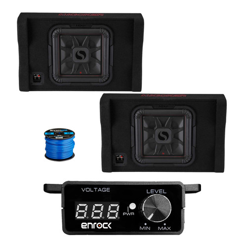 1 Pair (Qty 2) of Kicker 12" 1000 Watt Thin L7 Down Firing Car Audio Subwoofer Enclosure, Bass Knob with Digital Voltmeter with Wire