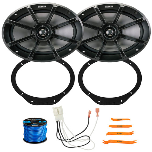 One Pair (QTY 2) Of Kicker 40PS694 6x9" 180 Watt Max Power 2-Way 4-Ohm Speakers, Speaker Wire, Pry Tool Set, Front 6x9" Speaker Plates, 4-Way Speaker Harness Connector for Ford & Mazda Vehicles